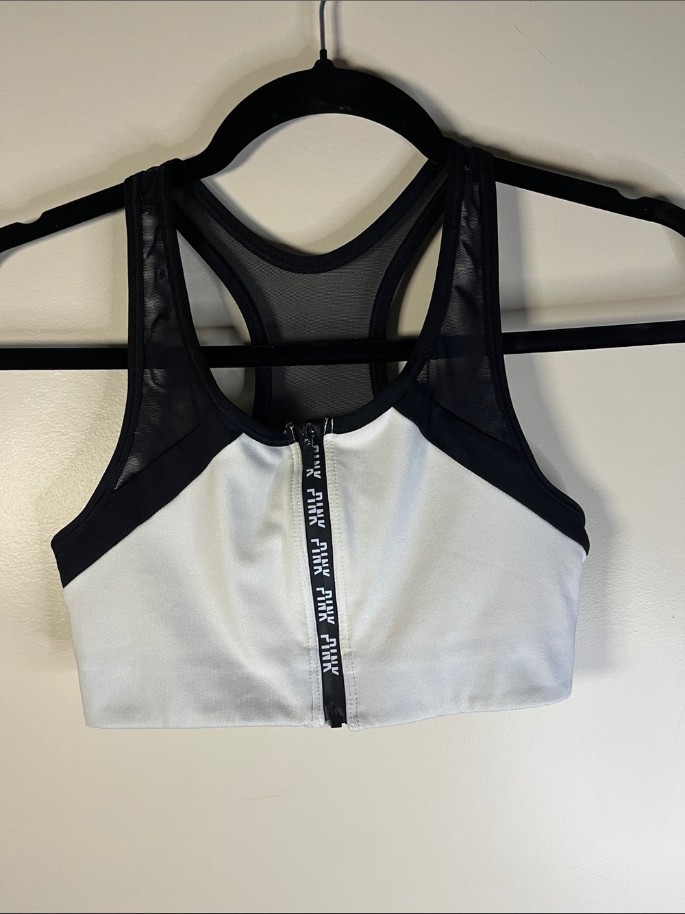 PINK Victoria's Secret Black & White Front-Zip Mesh Racerback Sports Bra Size Sm